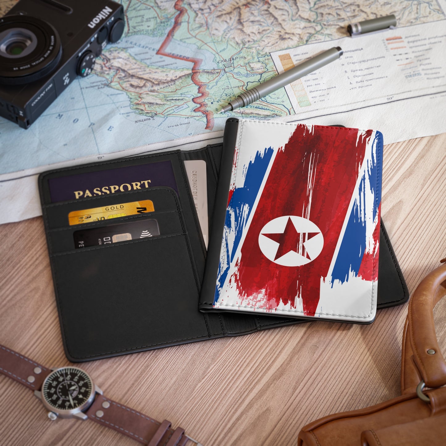 North Korea Flag Leather Passport Holder, traveler's and expats' essential, study abroad must-have, wanderlust accessory