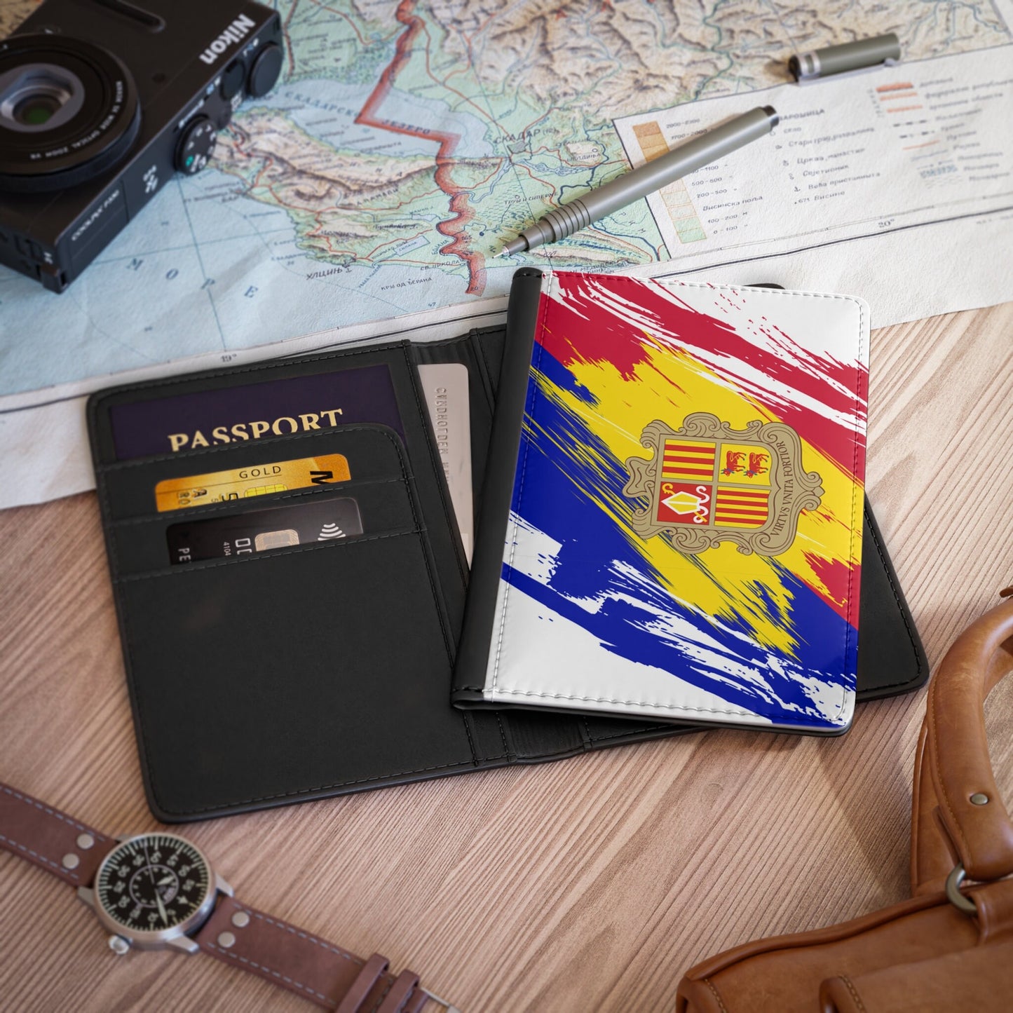 Andorra Flag Leather Passport Holder, traveler's and expats' essential, study abroad must-have, wanderlust accessory