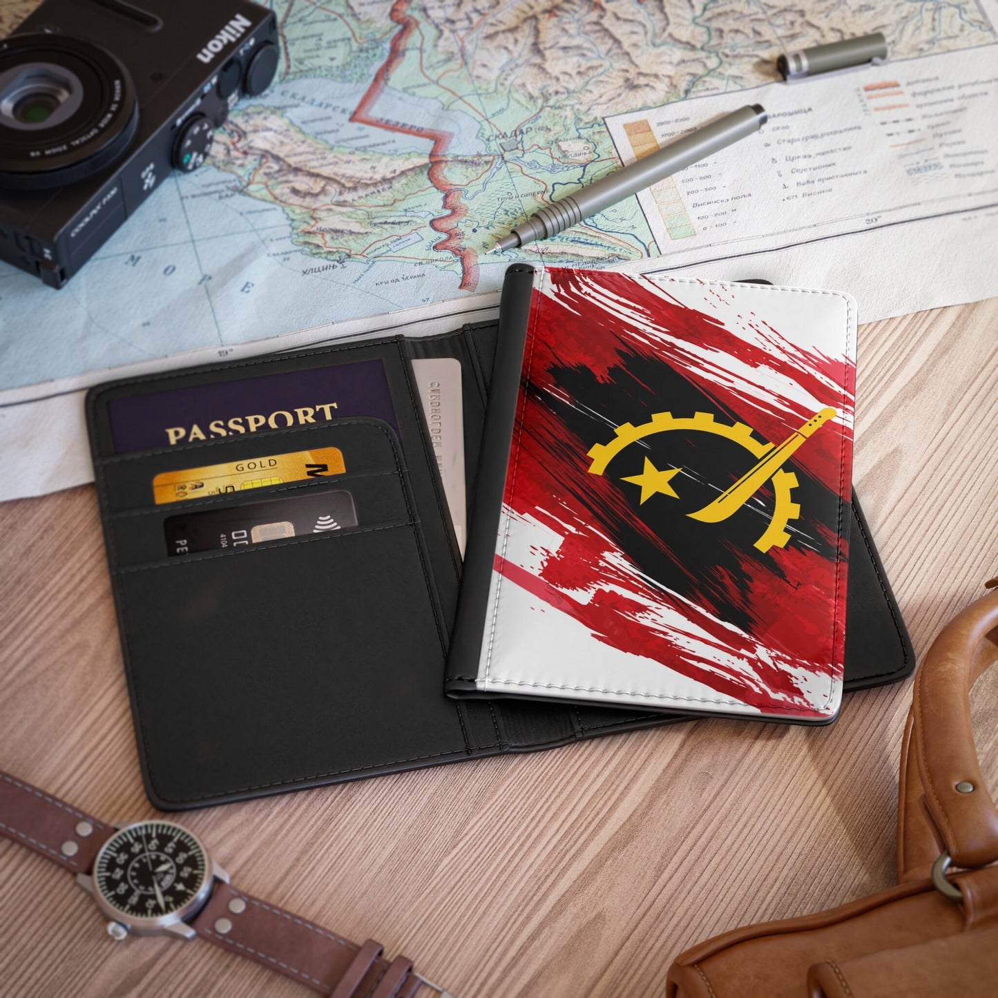 Angola Flag Leather Passport Holder, traveler's and expats' essential, study abroad must-have, wanderlust accessory