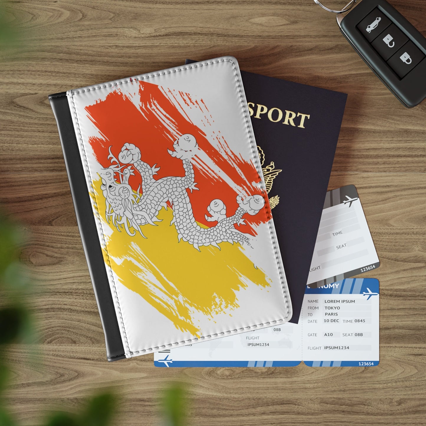 Bhutan Flag Passport Holder, printed leather, traveler's and expats' essential, study abroad must-have, wanderlust accessory