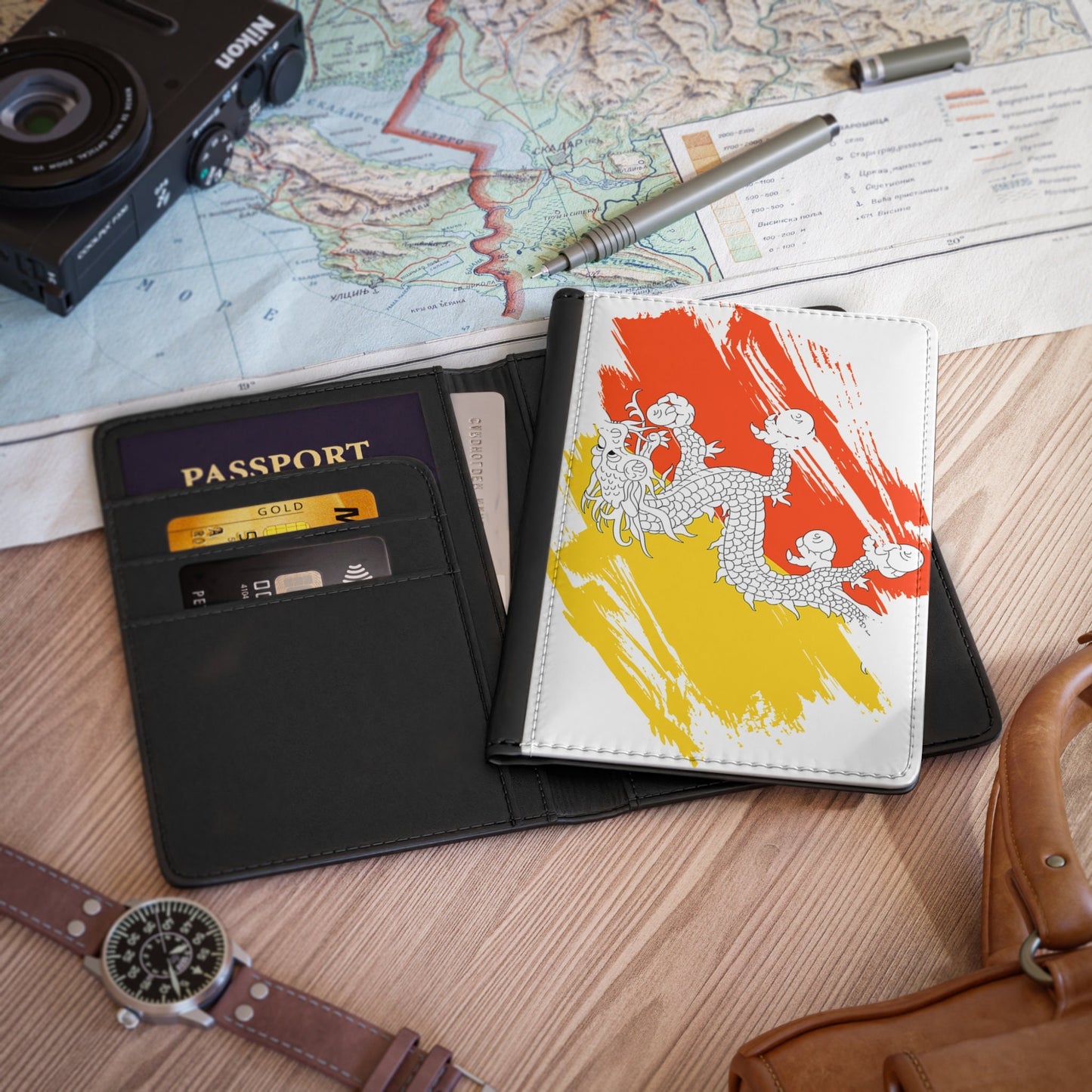 Bhutan Flag Passport Holder, printed leather, traveler's and expats' essential, study abroad must-have, wanderlust accessory