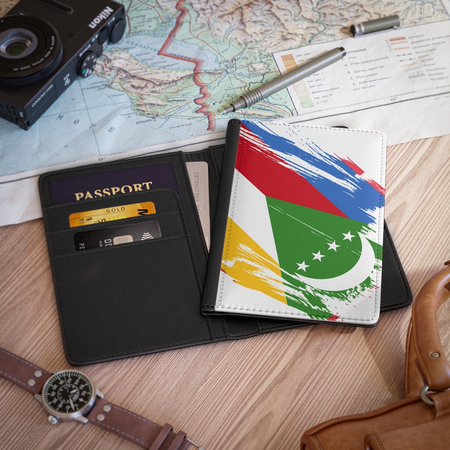 Comoros Flag Passport Holder, traveler's and expats' essential, study abroad must-have, wanderlust accessory