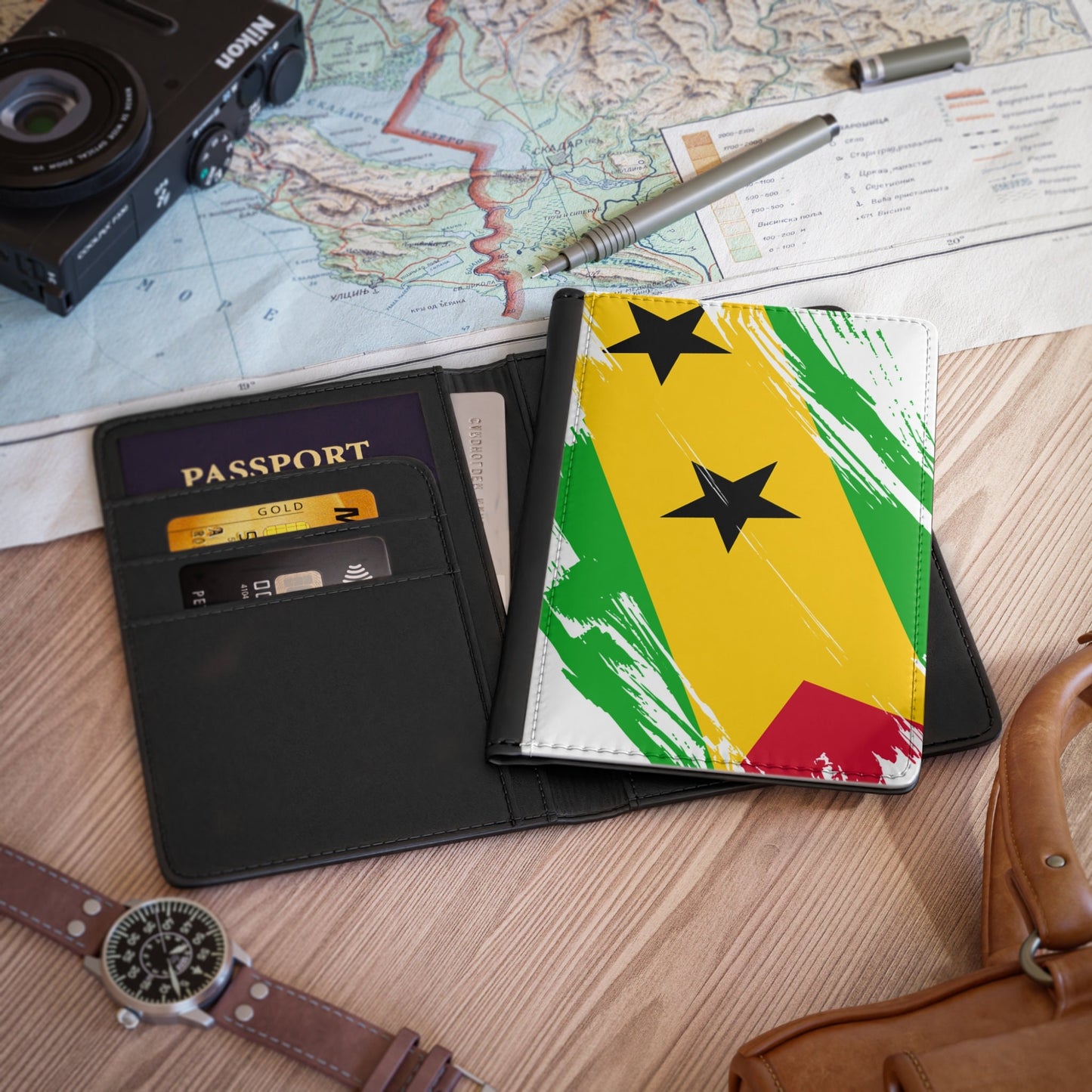 Sao Tome and Principe Flag Passport Holder, traveler's and expats' essential, study abroad must-have, wanderlust accessory