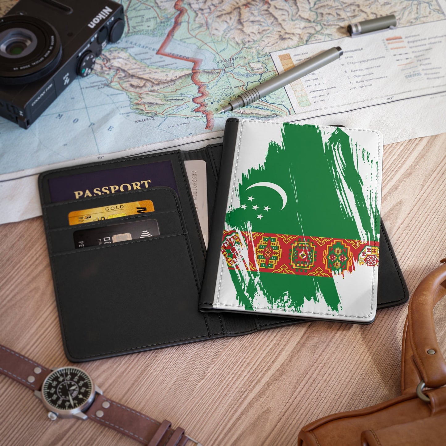 Turkmenistan Flag Passport Holder, traveler's and expats' essential, study abroad must-have, wanderlust accessory