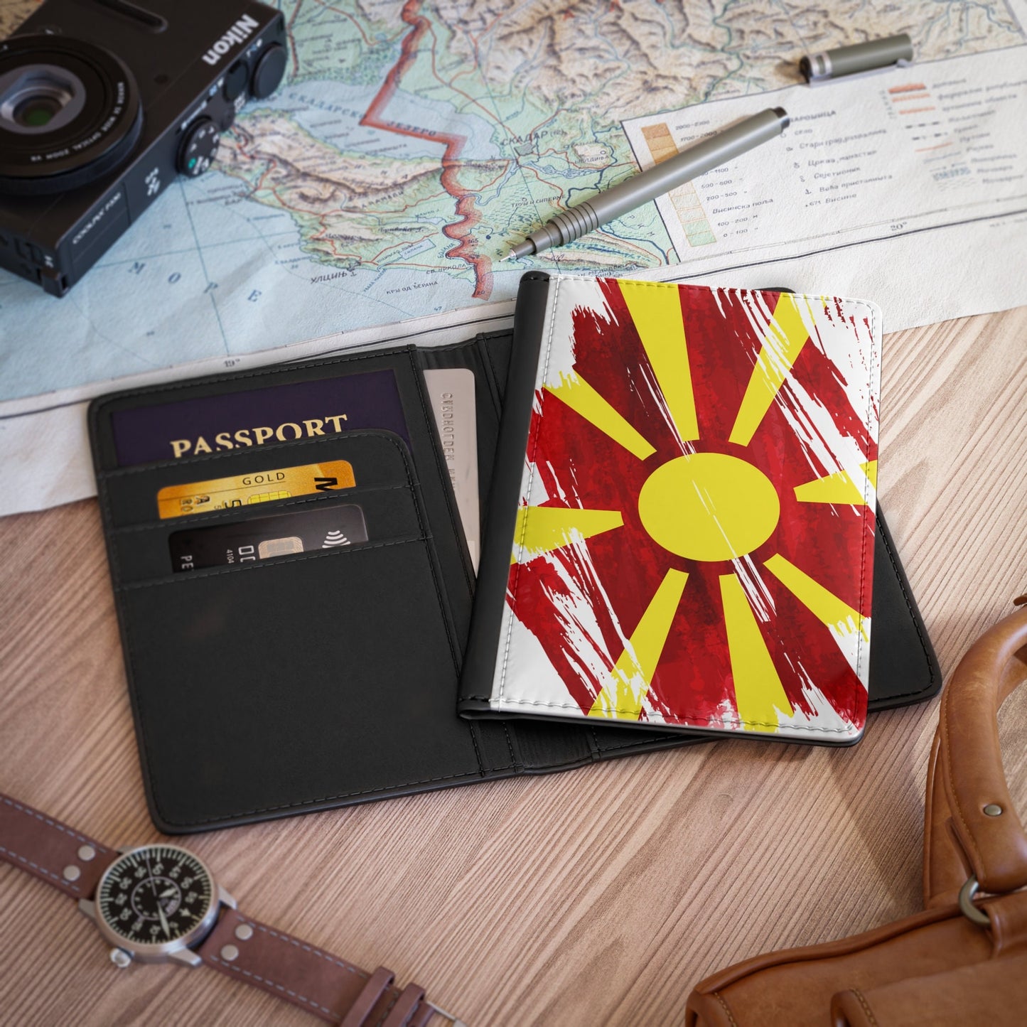 North Macedonia Flag Leather Passport Holder, traveler's and expats' essential, study abroad must-have, wanderlust accessory