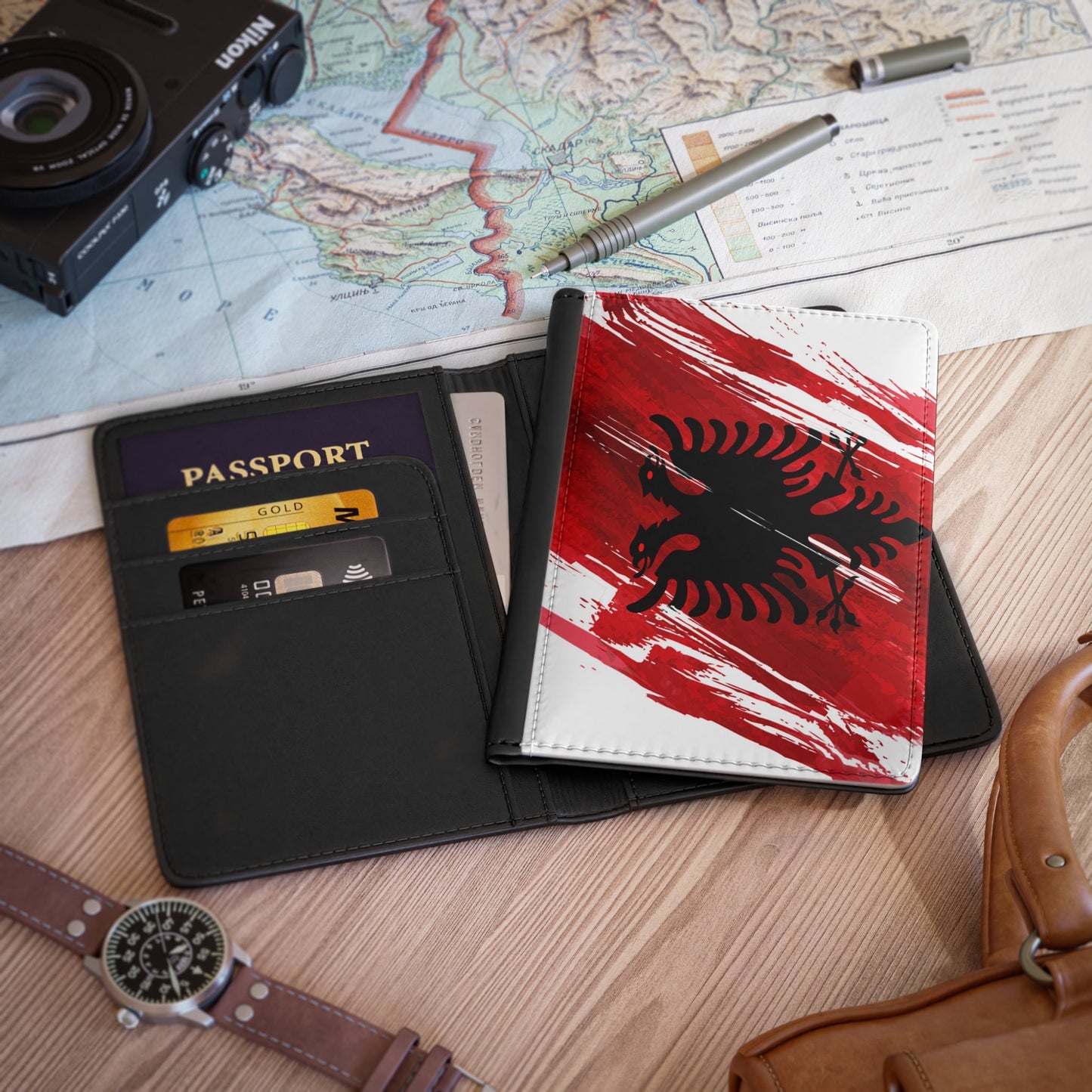 Albania Flag Leather Passport Holder, traveler's and expats' essential, study abroad must-have, wanderlust accessory