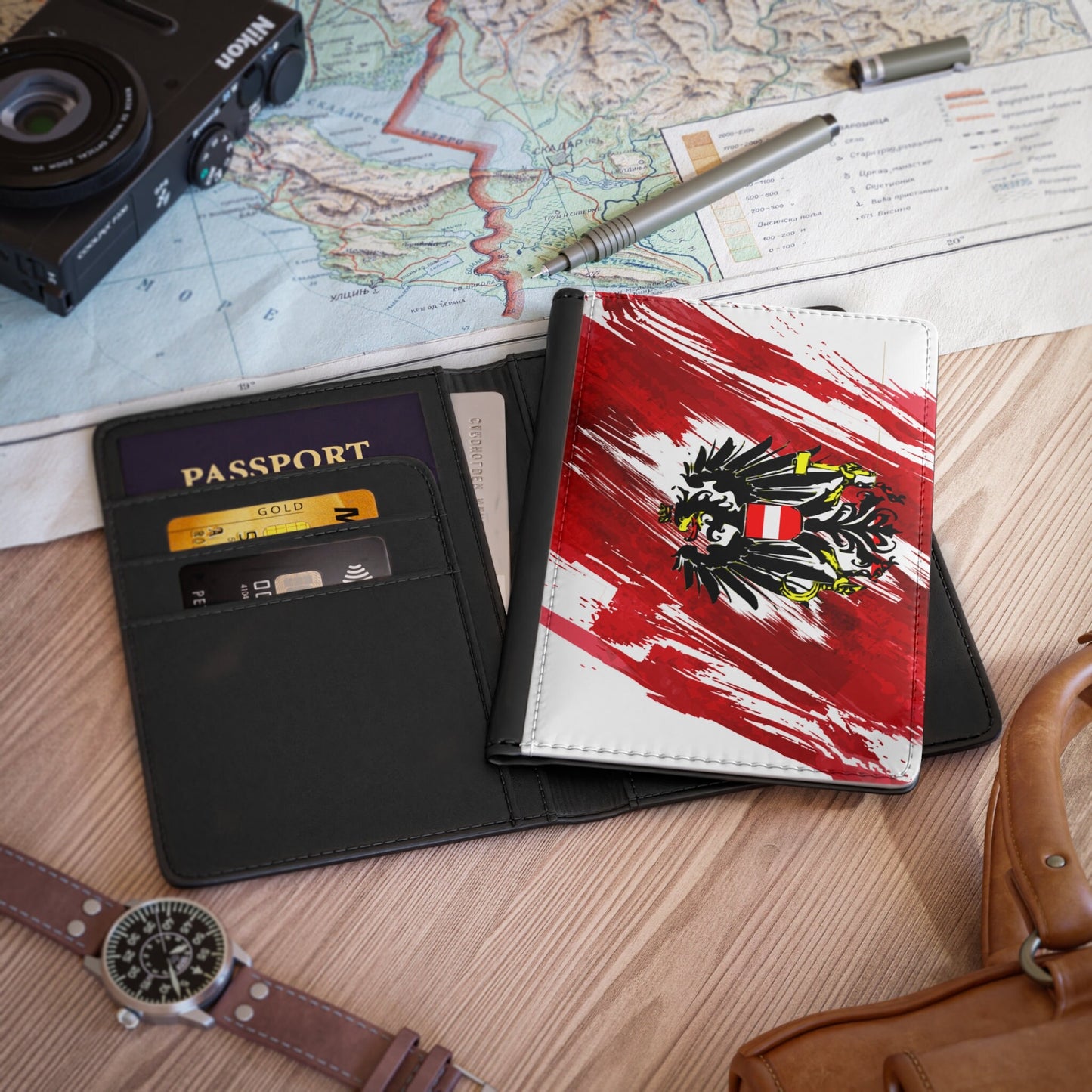 Austria Flag Leather Passport Holder, traveler's and expats' essential, study abroad must-have, wanderlust accessory