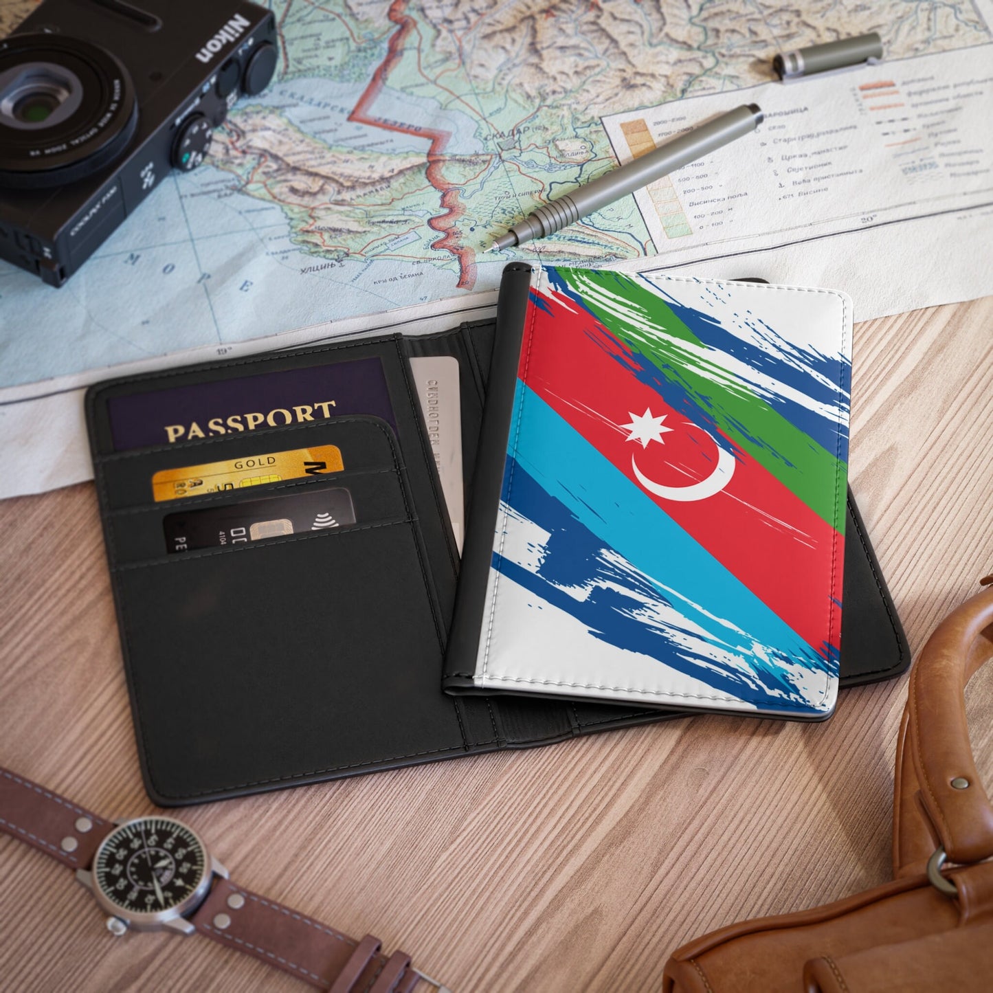 Azerbaijan Flag Leather Passport Holder, traveler's and expats' essential, study abroad must-have, wanderlust accessory