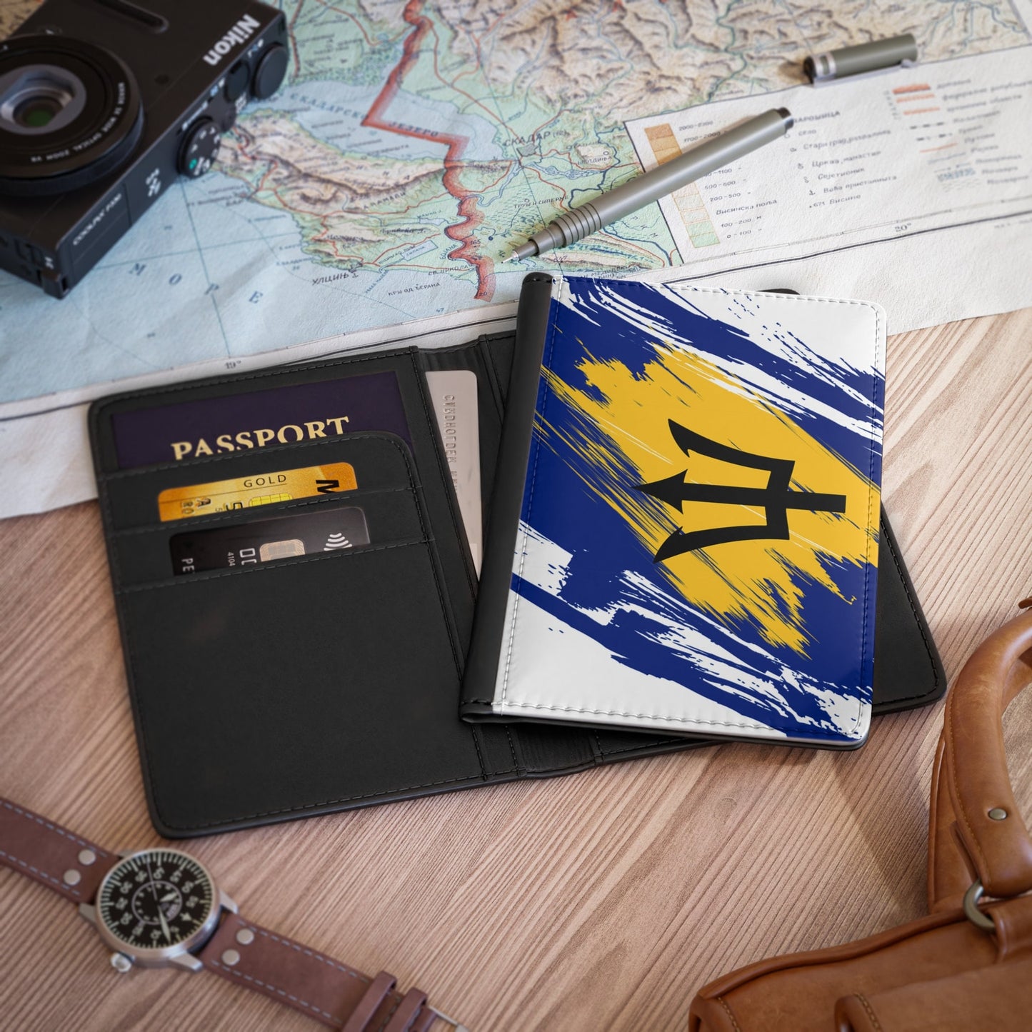 Barbados Flag Leather Passport Holder, traveler's and expats' essential, study abroad must-have, wanderlust accessory