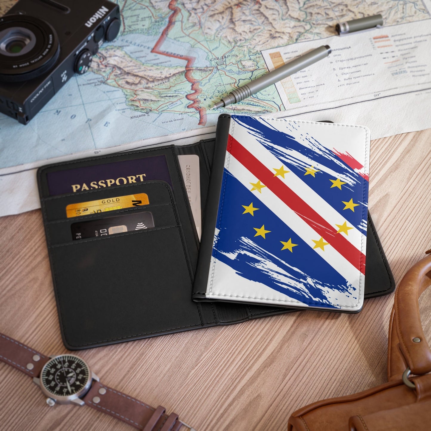 Cabo Verde Flag Passport Holder, traveler's and expats' essential, study abroad must-have, wanderlust accessory