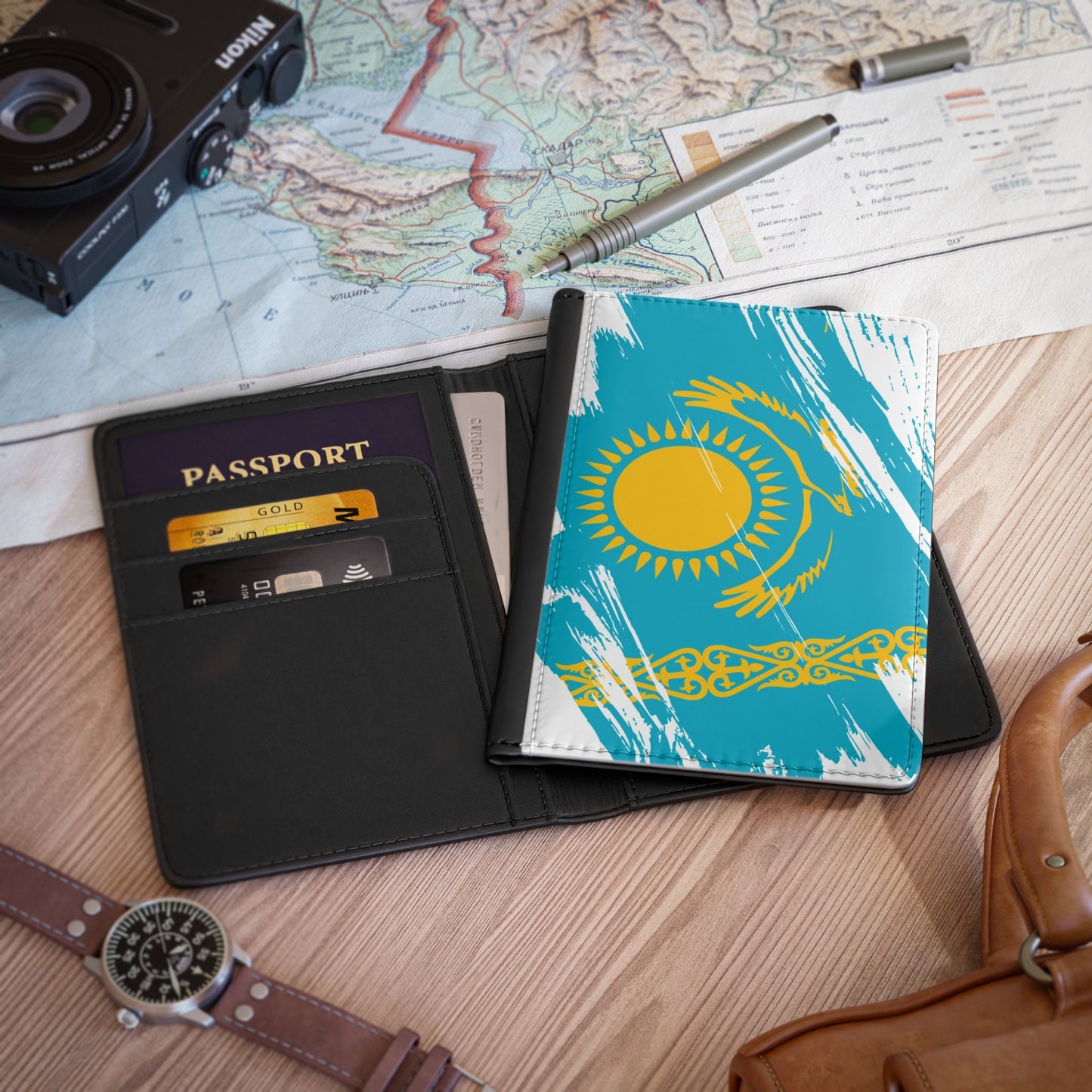 Kazakhstan Flag Passport Holder, traveler's and expats' essential, study abroad must-have, wanderlust accessory