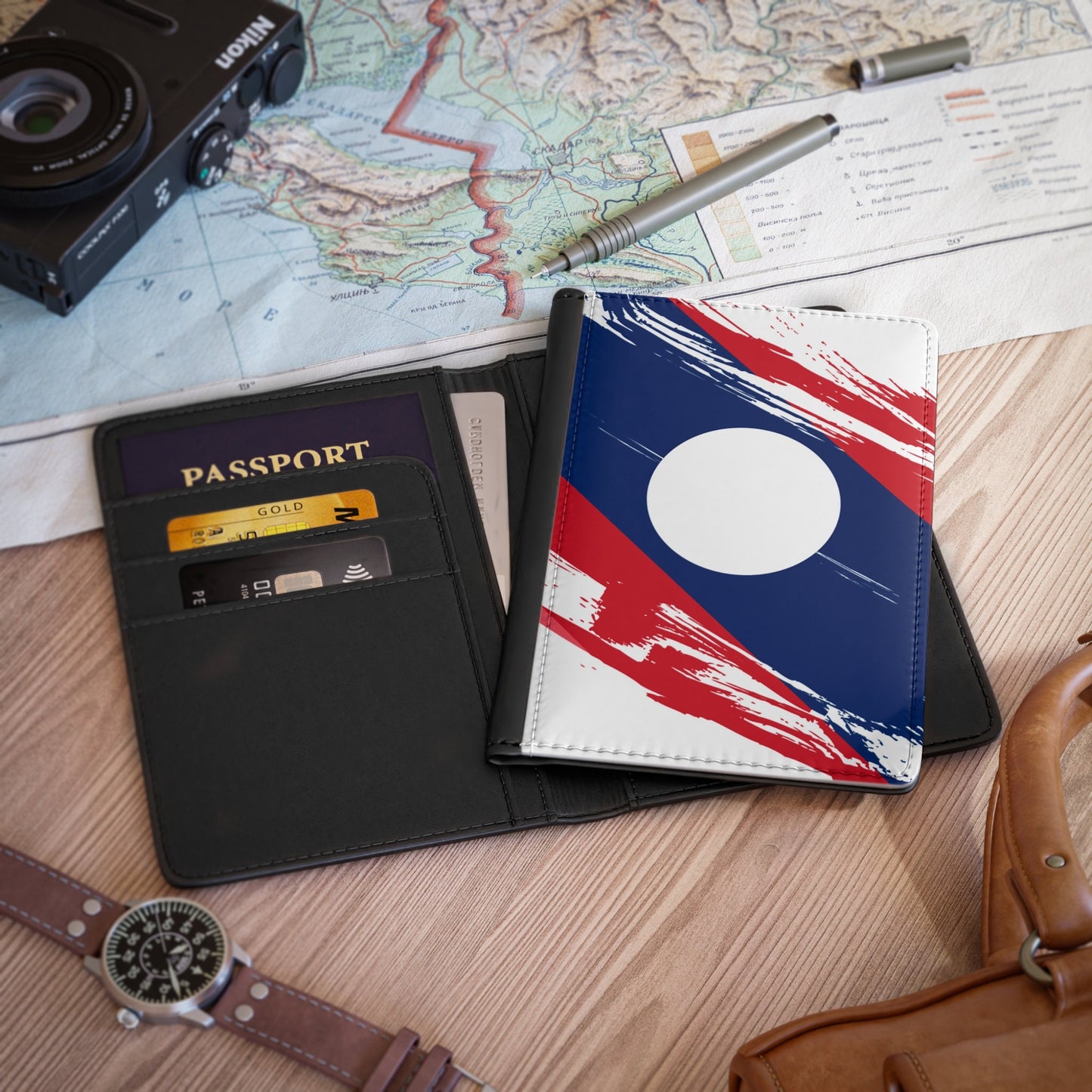 Laos Flag Passport Holder, traveler's and expats' essential, study abroad must-have, wanderlust accessory