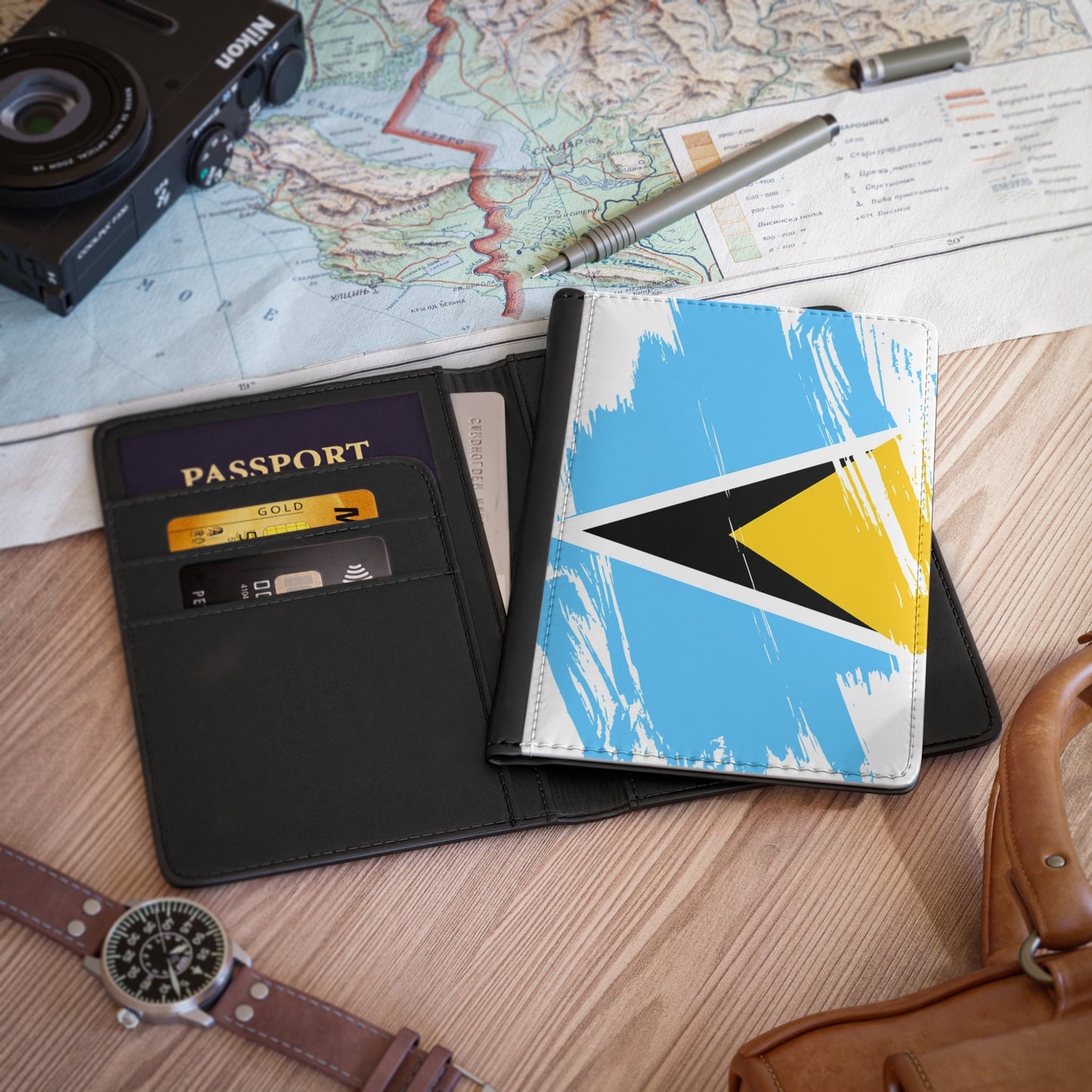 Saint Lucia Flag Passport Holder, traveler's and expats' essential, study abroad must-have, wanderlust accessory