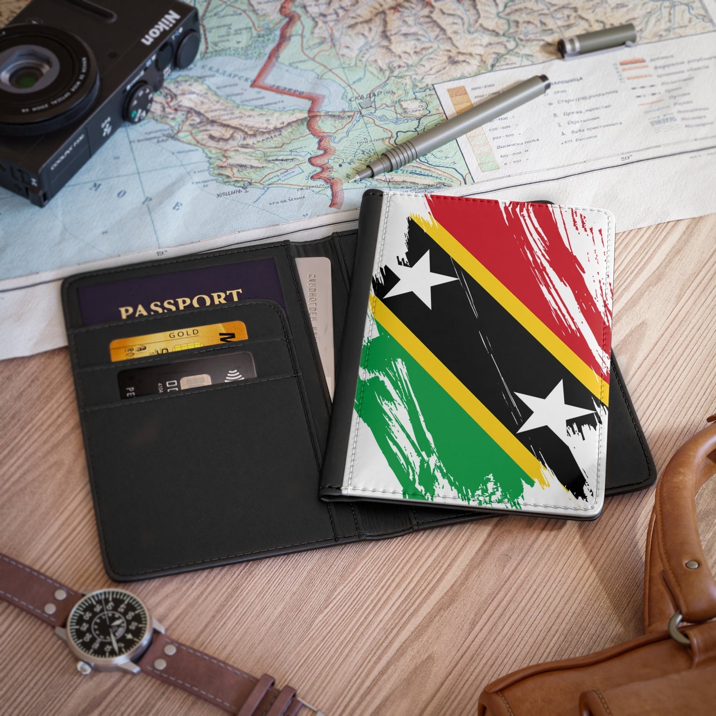 Saint Kitts and Nevis Flag Passport Holder, traveler's and expats' essential, study abroad must-have, wanderlust accessory