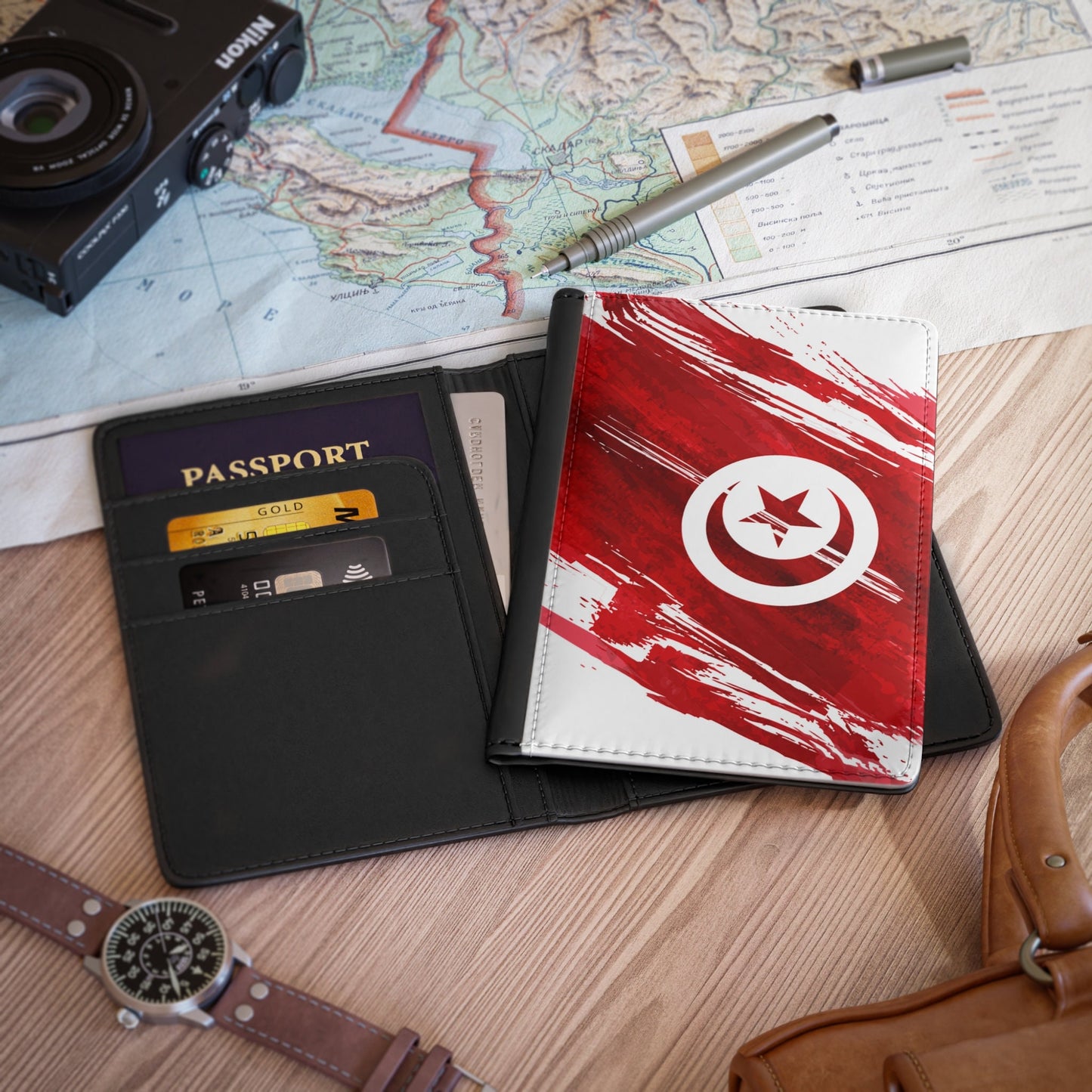 Tunisia Flag Passport Holder, traveler's and expats' essential, study abroad must-have, wanderlust accessory