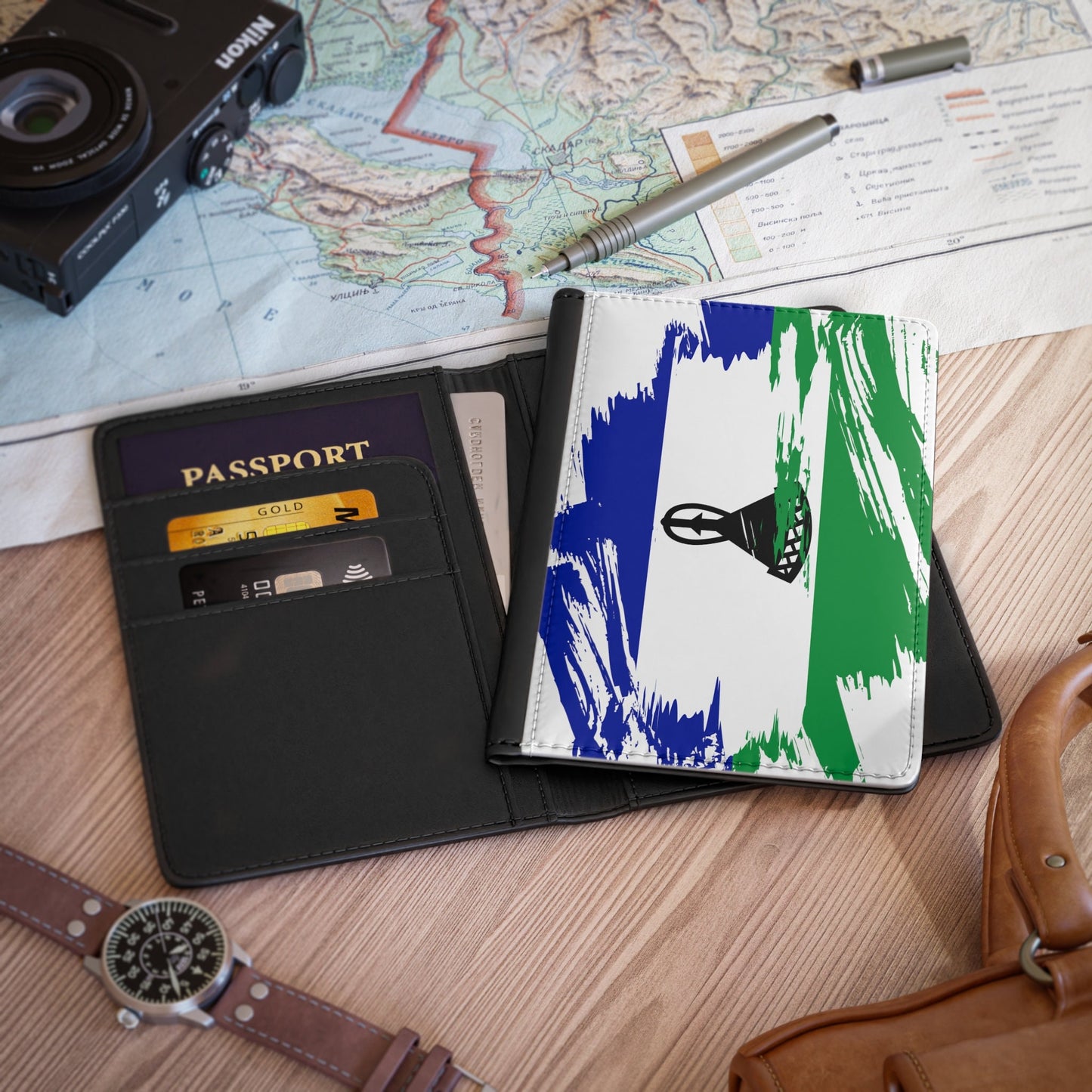 Lesotho Flag Leather Passport Holder, traveler's and expats' essential, study abroad must-have, wanderlust accessory